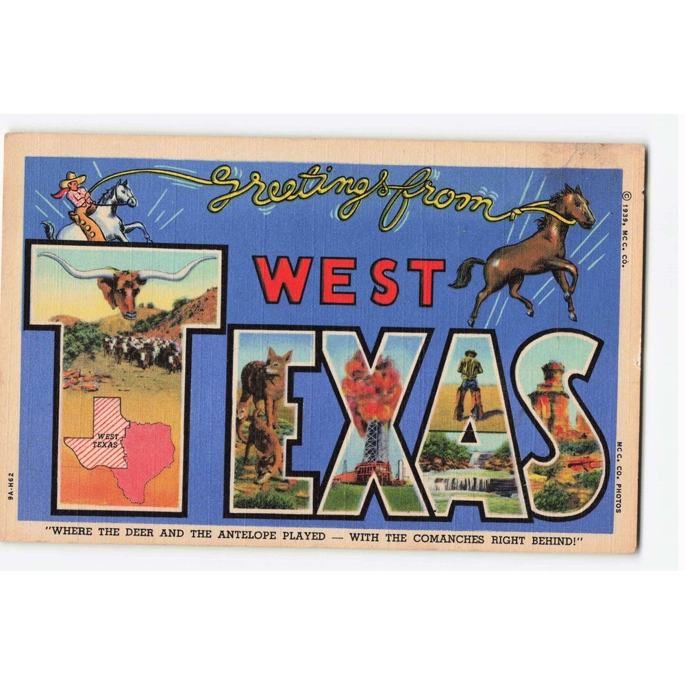 Vintage 1939 Greetings from West Texas Linen Postcard Large Letter Curt Teich VG